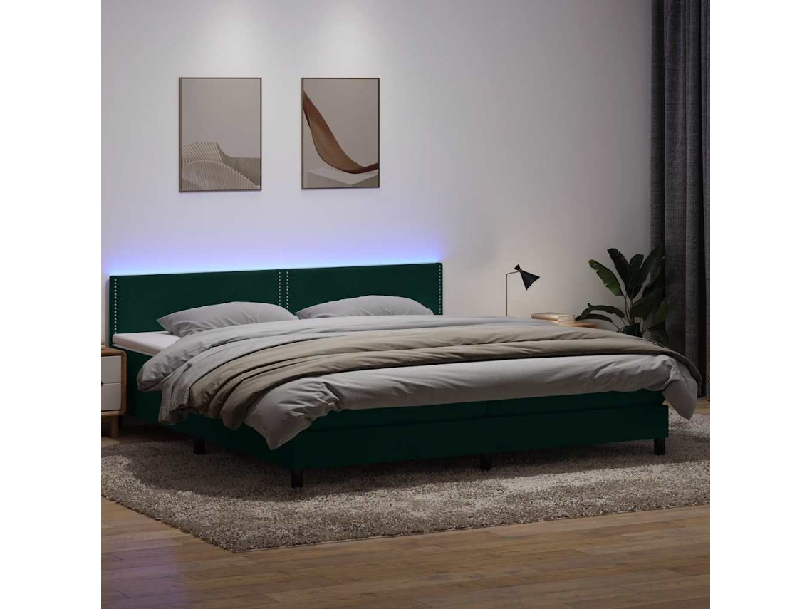 Vidaxl Cama Box Spring C/ Colchão E Led 180x220 Cm Veludo Verde-escuro