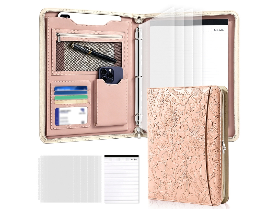 Porta Documentos Com Impressão Em Relevo Em Couro A4 Multifuncional Com Fecho De Correr, 3 Furos, Rosa