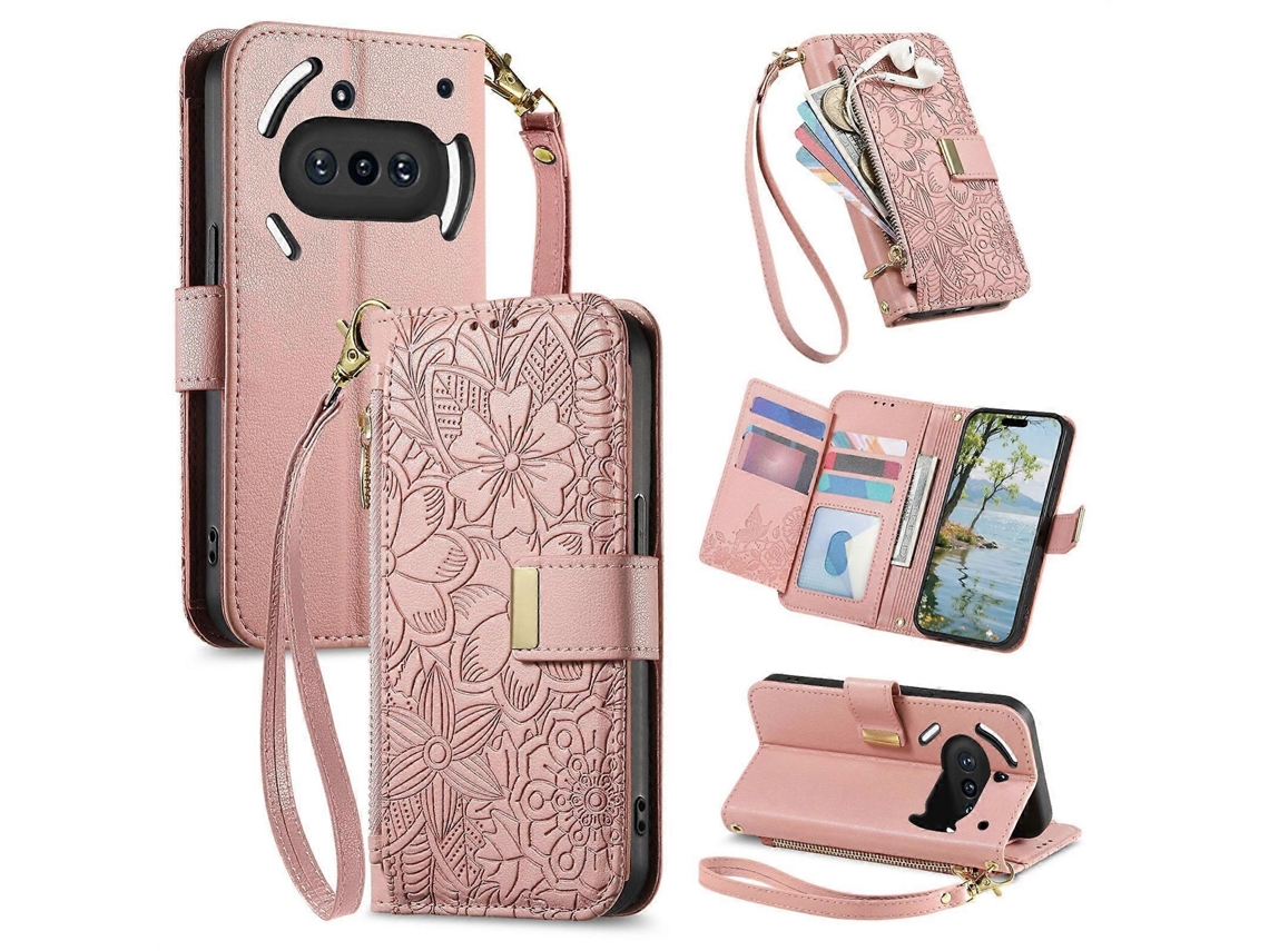 Capa De Celular Carteira De Couro Com Zíper, Estampa De Flores E Folhas, Com Alça, Para Nothing Phone 3a