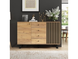 Aparador 120x38x75 Cm - 4 Gavetas, 2 Armários, Design Oco, 5 Pés Em Madeira Maciça - Preto + Natural