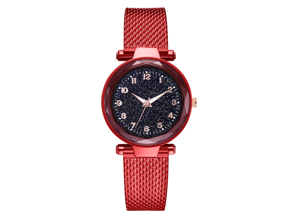 Relógio de pulso feminino de quartzo com pulseira de silicone vermelha, mostrador redondo, estilo casual.