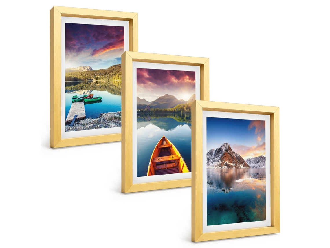 Galeria De Pinturas Muraislagos, Montanhas, Barco, Paz Moldura Dourada Fotos Para O Escritório Espelharte (3 Peças 20x30 Cm)