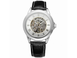 Relógio masculino Forsinging automático mecânico com pulseira de couro e design vazado, nas cores prata e branca.