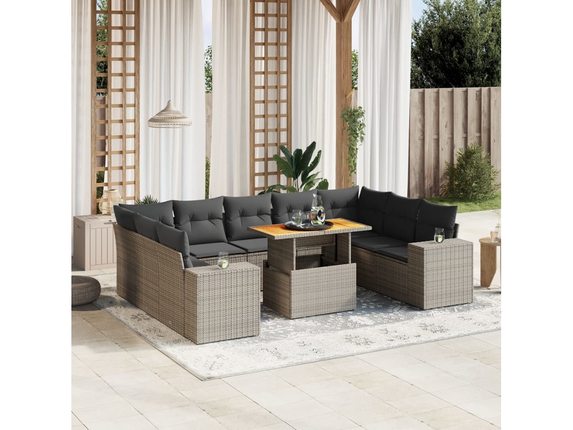 Vidaxl 10 Pcs Conjunto Sofás De Jardim C/ Almofadões Vime Pe Cinzento