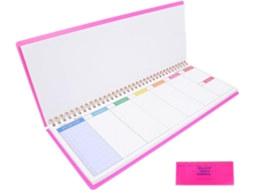 Agenda semanal, papel rosa, sem data, encadernação em espiral, design elegante, formato horizontal, para casa e escola.