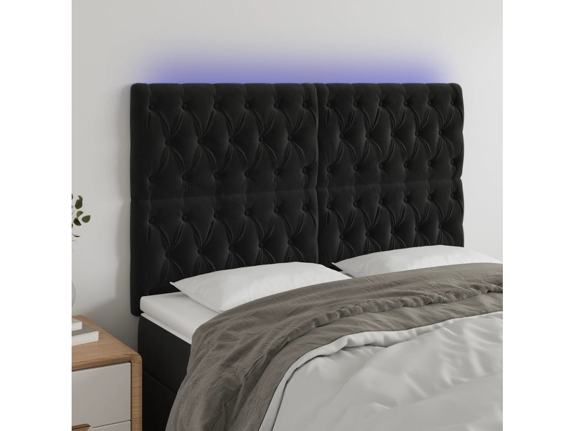 Vidaxl Cabeceira De Cama C/ Luzes Led Veludo 144x7x118/128 Cm Preto