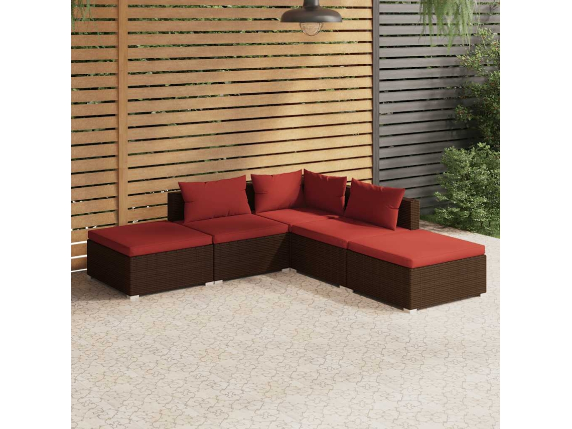 Vidaxl 5 Pcs Conjunto Lounge Jardim C/ Almofadões Vime Pe Castanho