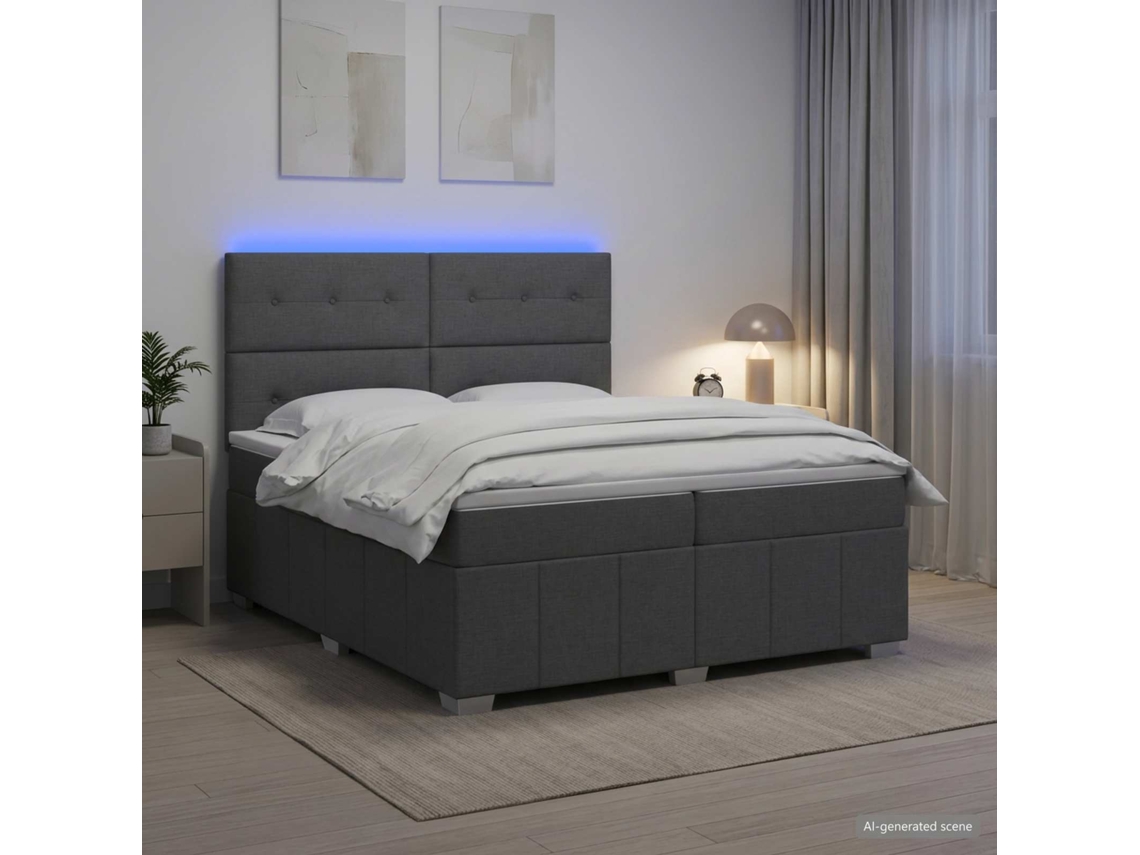 Vidaxl Cama Box Com Led E Colchão Cinzento-escuro 200 X 200 Cm Tecido