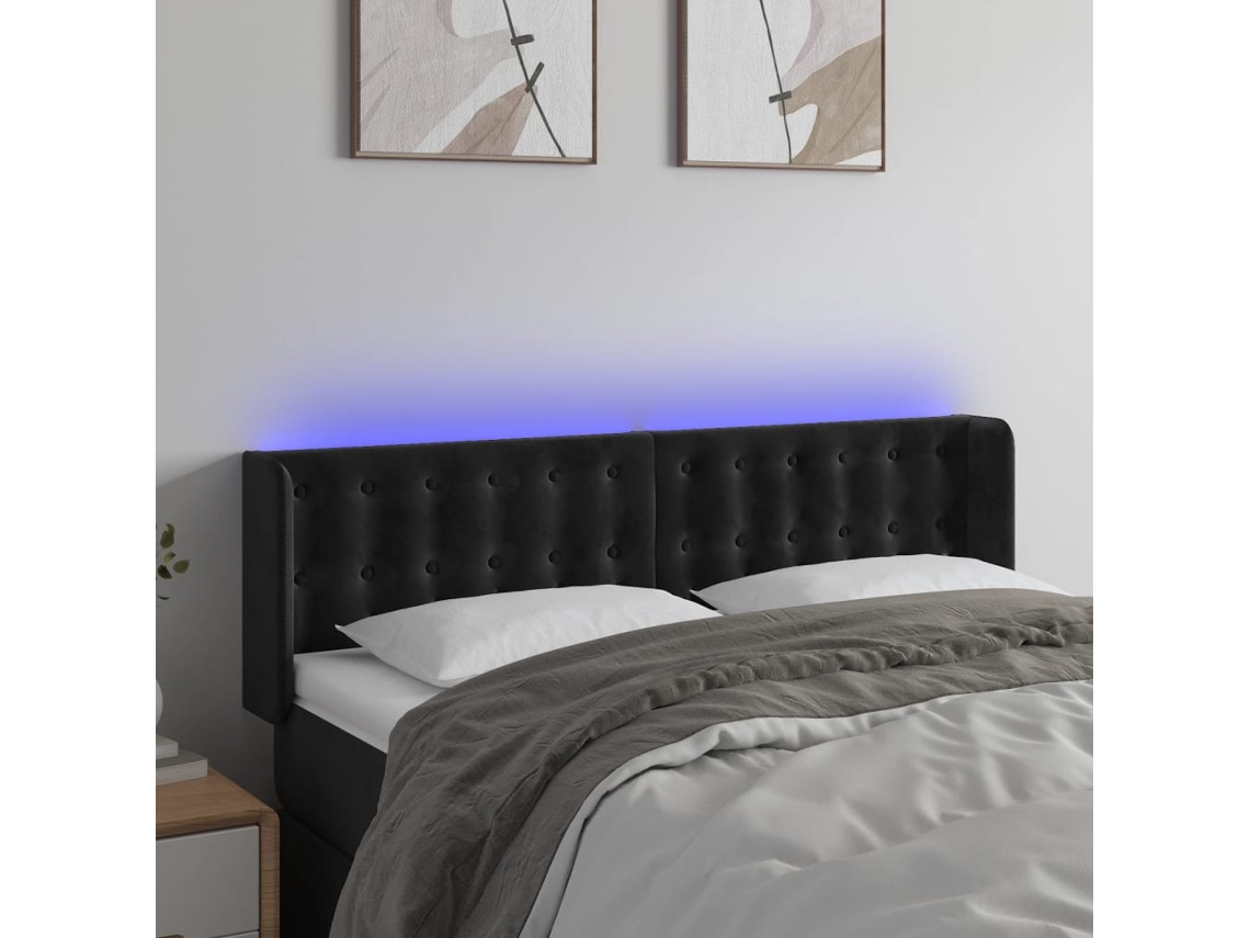 Vidaxl Cabeceira De Cama C/ Luzes Led Veludo 147x16x78/88 Cm Preto