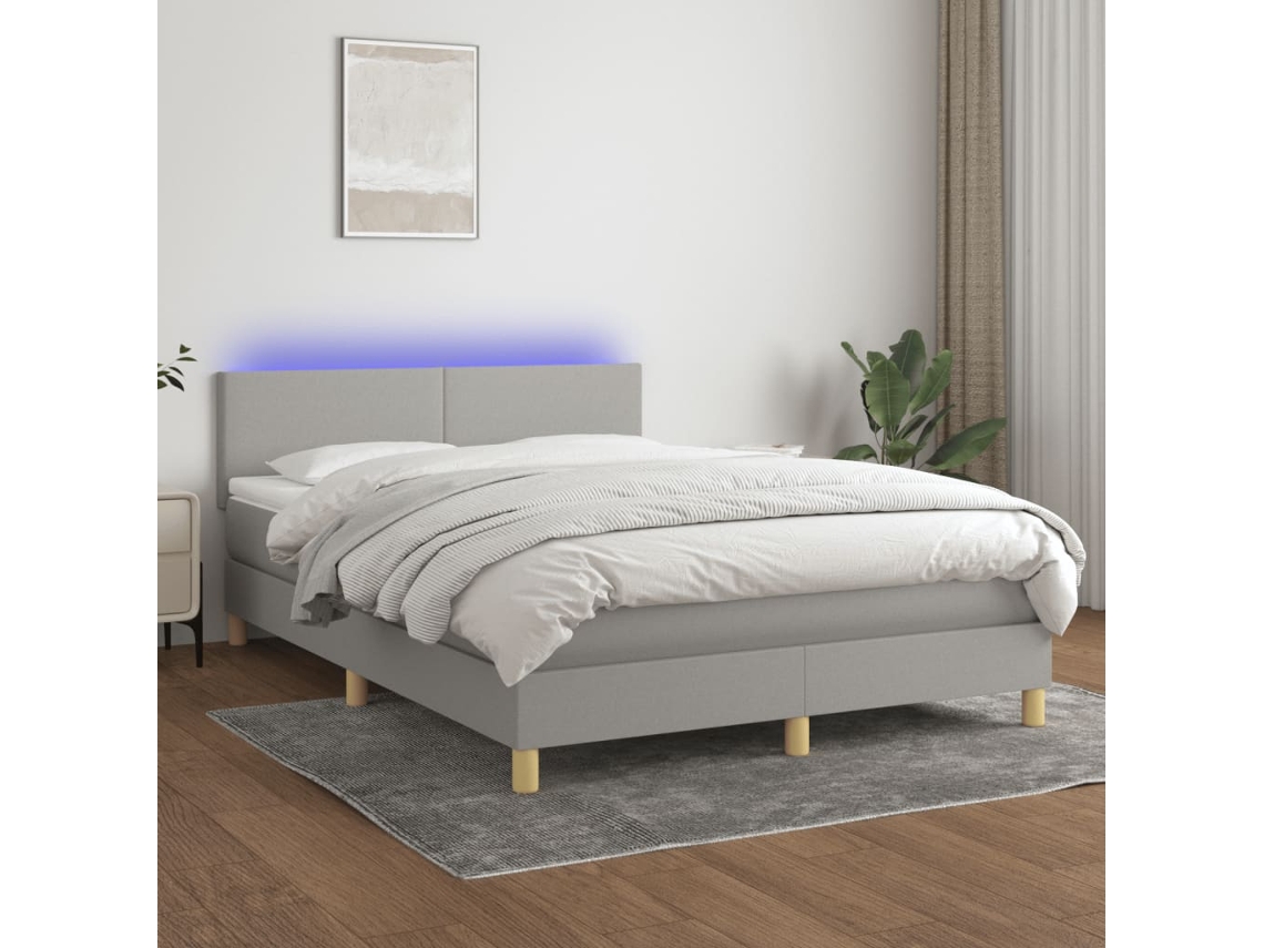 Vidaxl Cama Box Spring C/ Colchão E Led 140x200 Cm Tecido Cinza-claro