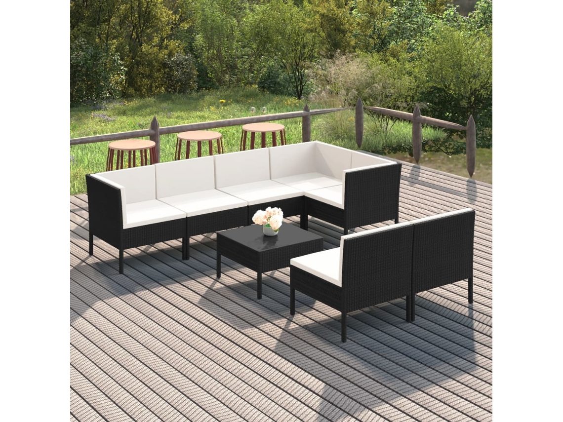 8 Pcs Conjunto Lounge De Jardim C/ Almofadões Vime Pe Preto Dkd Home Decor