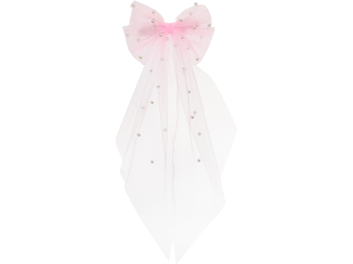 Tiara elegante e refinada em tule rosa com laço de pérolas para casamento.
