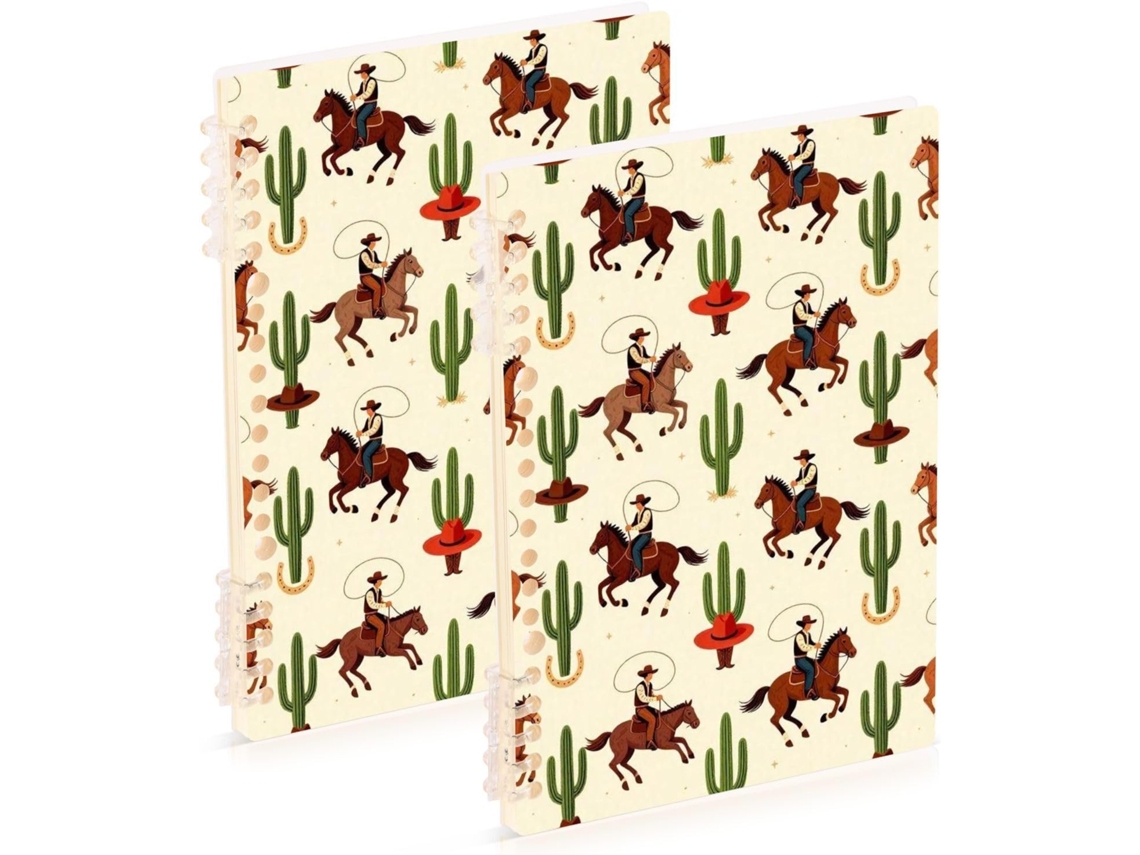 Conjunto de 2 Cadernos Espiral com Linhas Largas, Tamanho A5, Estampa Cowboy do Velho Oeste e Cacto, 21,1 X 14