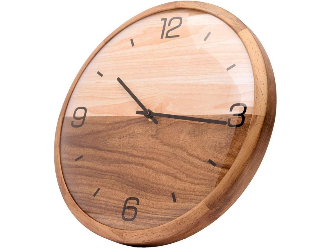 Relógio de Parede Nova Line com Vidro Dome Moldura de Pinho e Face de Madeira (30cm)