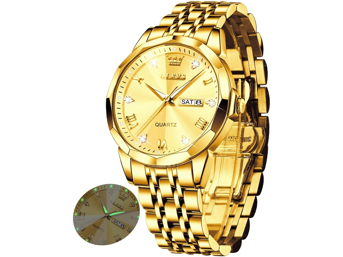 Lurelia Relógio Feminino, Movimento De Quartzo, Data/calendário, Luminoso, Duplo Fuso/mostrador, Detalhes Com Strass, Aço Inoxidável, Dourado