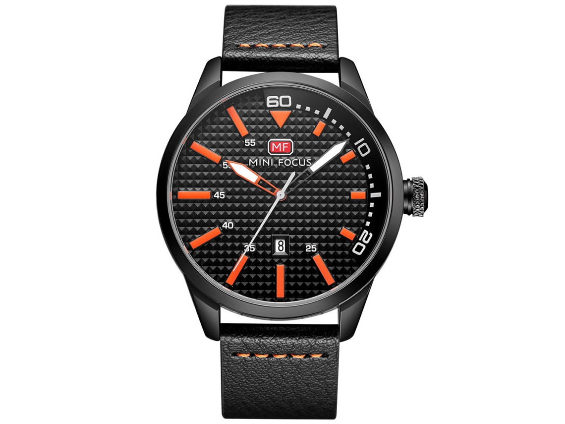 Relógio de pulso masculino casual de couro à prova d'água Mini Focus (preto + laranja)