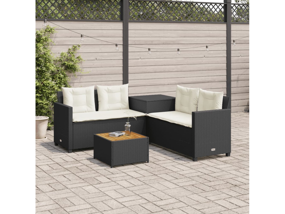 Sofá de Jardim em Formato LC/ Mesa e Almofadas Vime Pe Preto Dkd Home Decor