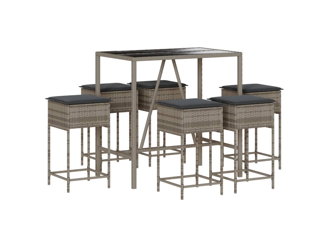 Conjunto 7 de bar p/ jardim c/ almofadões VIDAXL vime PE cinzento