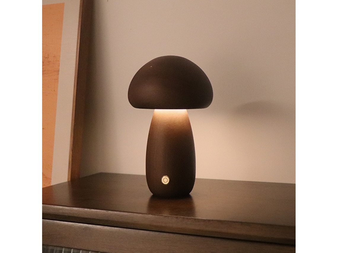 Luminária Cogumelo Recarregável Portátil, Abajur de Madeira para Quarto Ou Cabeceira, Cor Café BRILVIBERA