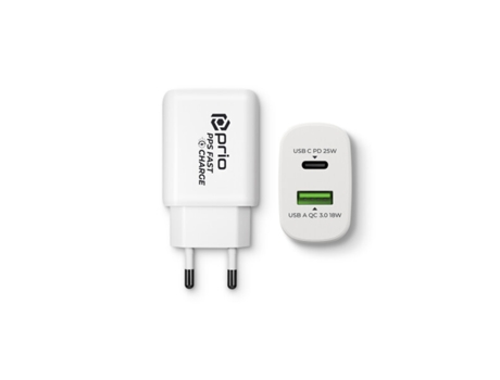 Carregador de Parede PRIO Quick Charge 25W Pd Pps Usb C+Qc 3.0 Usb a Branco