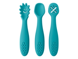 (azul) Conjunto De Talheres De Silicone Para Bebê Com 3 Peças, Incluindo Colher E Garfo Macios.