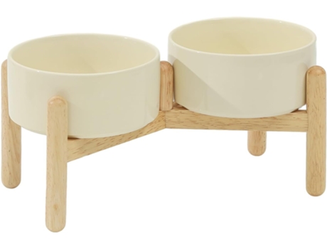Tigela de cerâmica elevada para cães com suporte para cães de raças médias e grandes, tigela de água e comida para animais de estimação Beijiyi (tigela dupla com suporte, creme, 15,5 cm)