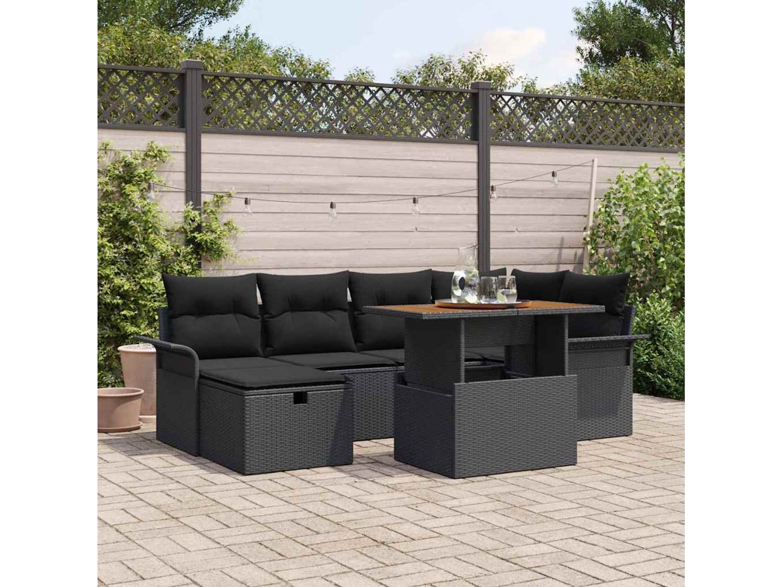 Vidaxl Conjunto De Sofá De Jardim 7 Unid. Preto Vime Pe
