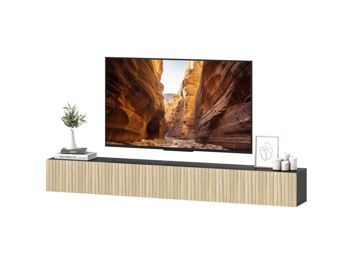Suporte De Tv De Parede 140cm Tvs Até 72 Polegadas, 2 Portas Dobráveis, 140x25x22cm, Madeira Natural E Preto
