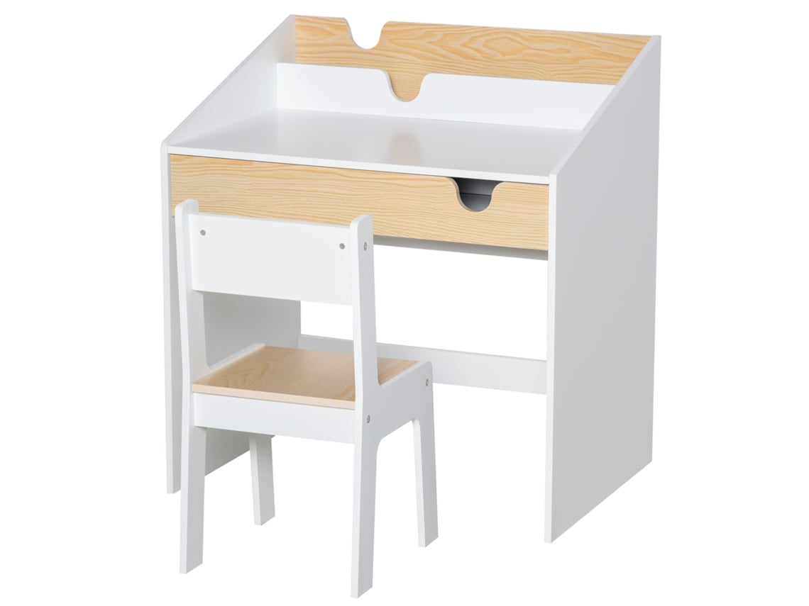 Secretária para Crianças Mdf Cor Branco e Madeira 70x50x75 cm Homcom