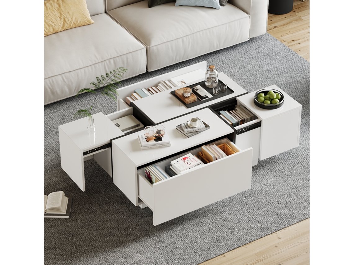 Mesa Centro Branca 100x60x40cm, 4 Gavetas, Patchwork.-hw