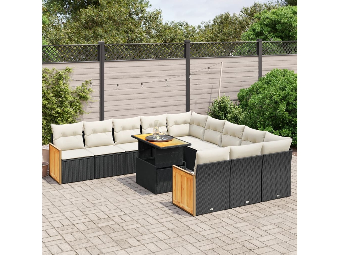 Vidaxl 11 Pcs Conjunto Sofás De Jardim C/ Almofadões Vime Pe Preto