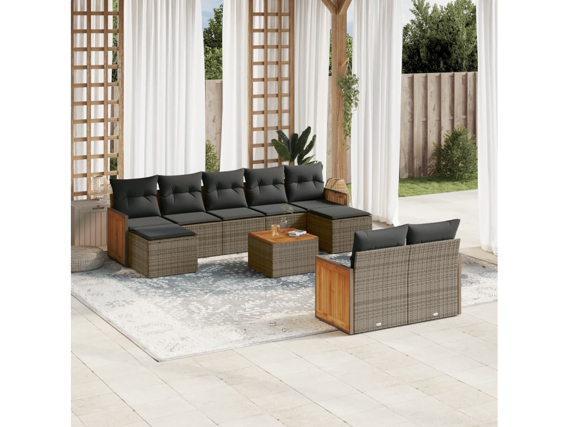 Vidaxl 10 Pcs Conjunto Sofás De Jardim C/ Almofadões Vime Pe Cinzento