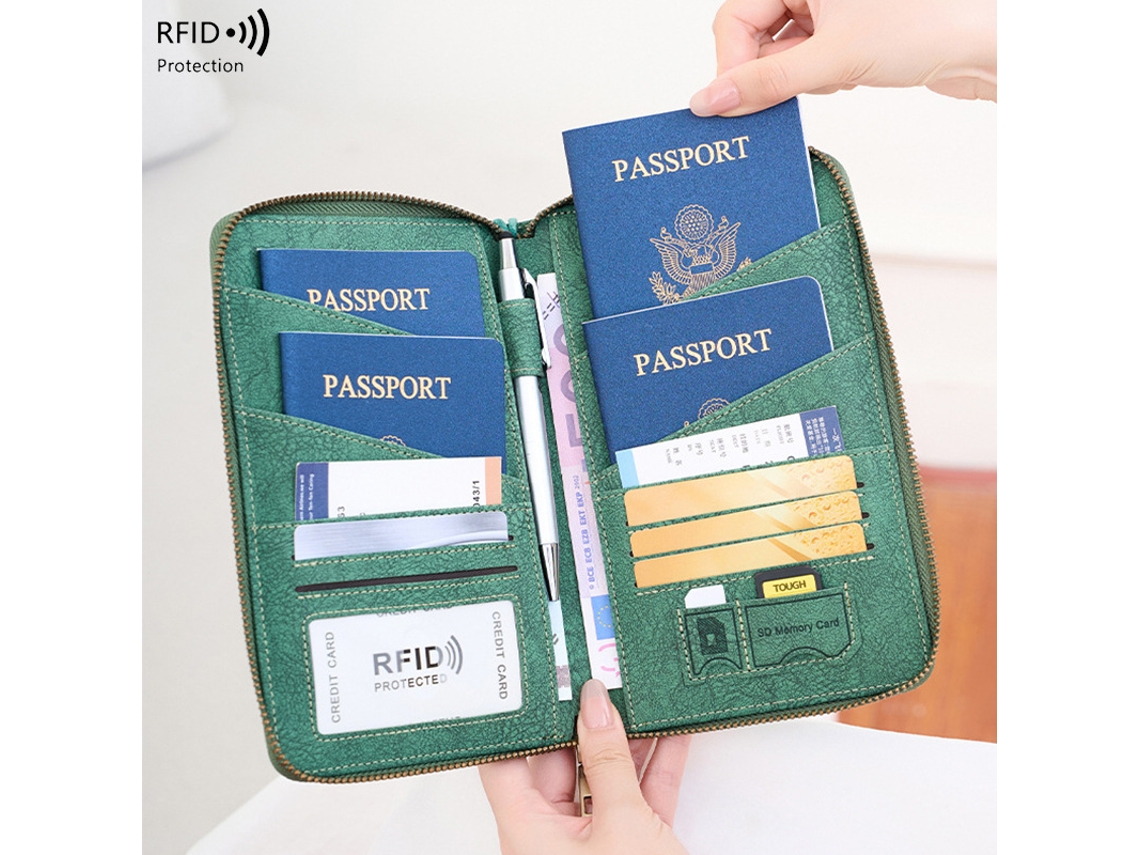 Carteira Porta-passaporte Familiar Com Zíper, Proteção Rfid Em Couro, Ideal Para Viagens A Negócios, Uso Diário, Passeios Em Família, Etc. Cor Verde