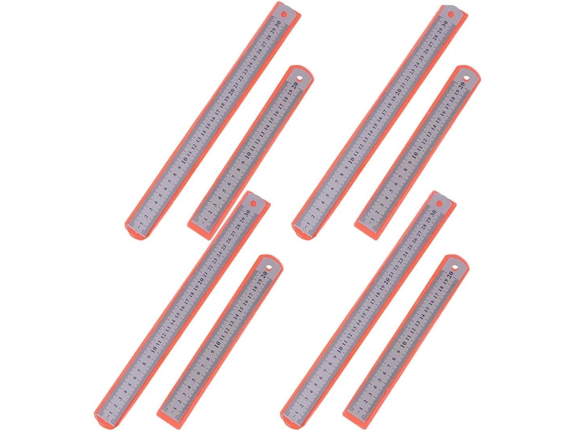 Conjunto de 8 réguas de aço inoxidável, ferramenta de medição dupla face, fácil de guardar, ideal para decoração escolar.