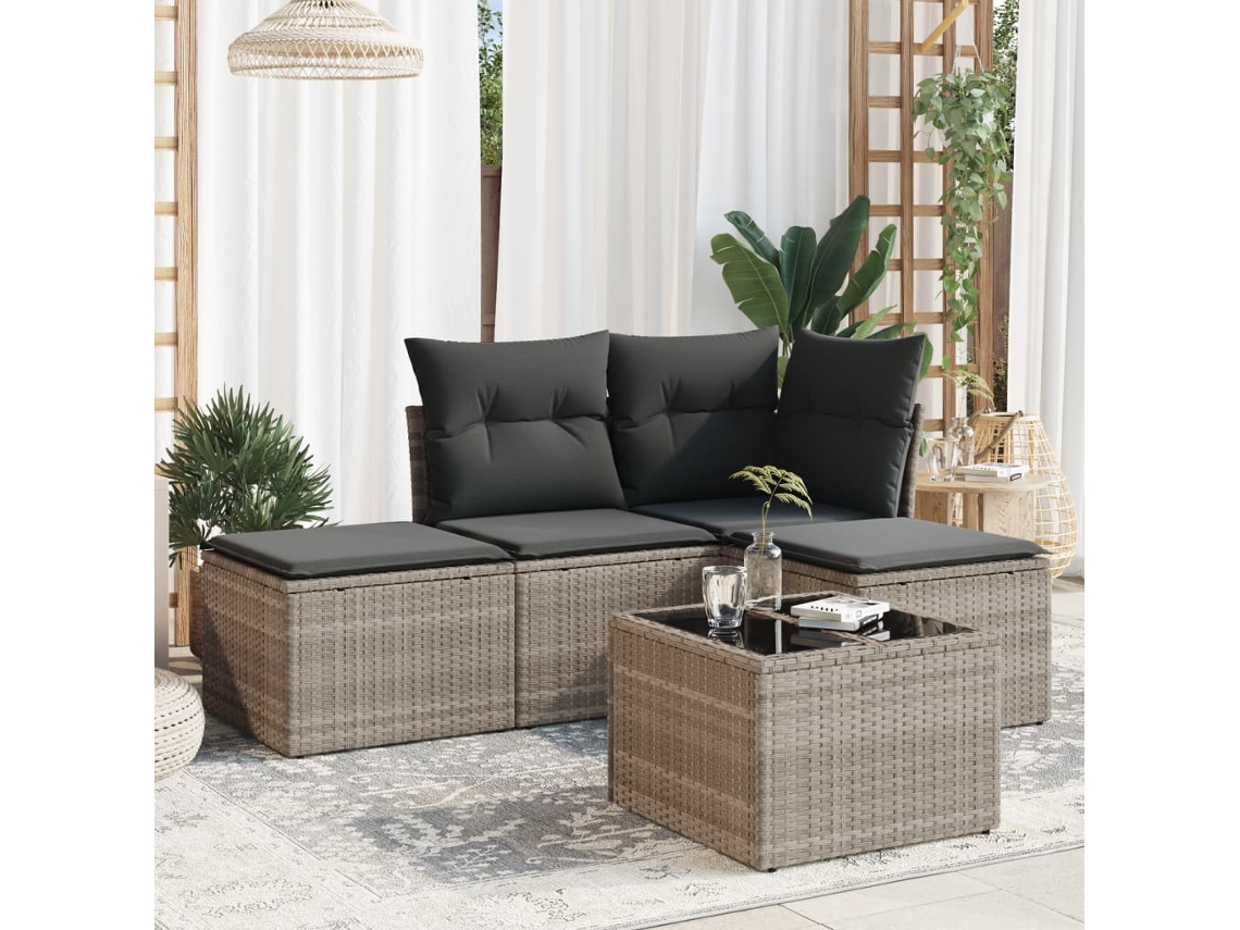 Vidaxl 5 Pcs Conj. Sofás Jardim C/ Almofadões Vime Pe Cinzento-claro