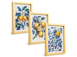 Composição De Quadros Limões, Galhos, Folhas Azuis Espelharte (3 Peças 20x30 Cm)
