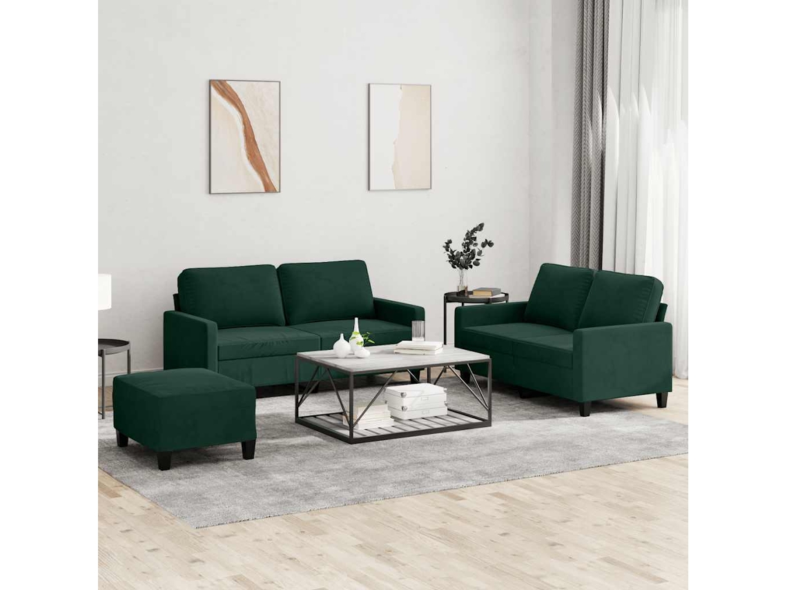 Vidaxl 3 Pcs Conjunto De Sofás Com Almofadões Veludo Verde-escuro