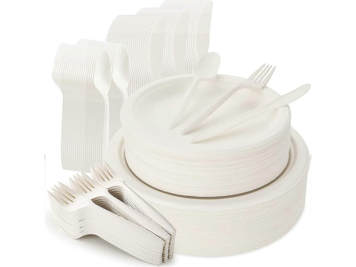 Kit De 250 Pratos E Talheres Descartáveis, Bagaço Compostável, Com Pratos De Papel De 7 E 9 Polegadas, Facas, Garfos E Colheres-zscy