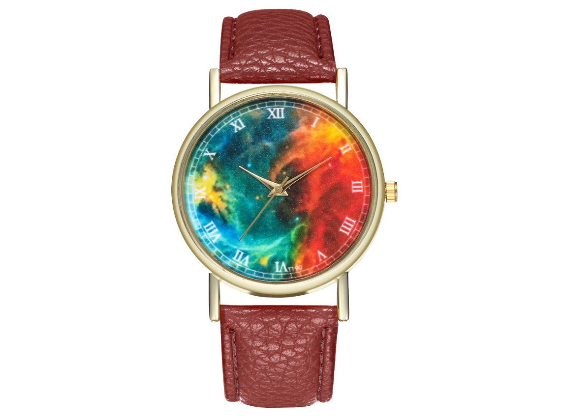 Reloj De Pulsera Unisex De Cuarzo Con Correa De Cuero Colorido Estrella Cielo Marrón
