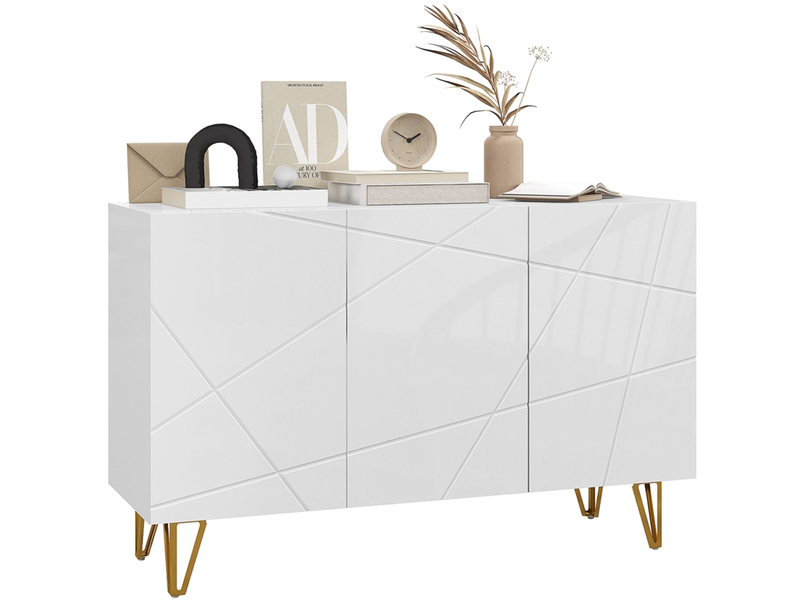 Armário móvel com 2 armários e prateleira ajustável em aglomerado e metal 120x40x75 Cm branco e dourado S/MARCA