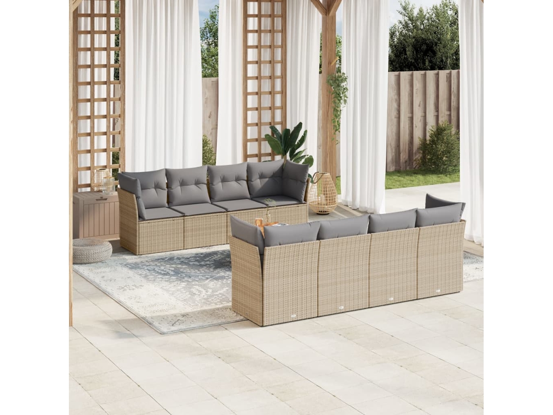 Vidaxl 9 Pcs Conj. Sofás Jardim C/ Almofadões Vime Pe Bege Misturado