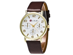 Relógio de Pulso Feminino de Quartzo com Pulseira de Couro Pu Estilo Simples Dial Redondo Café