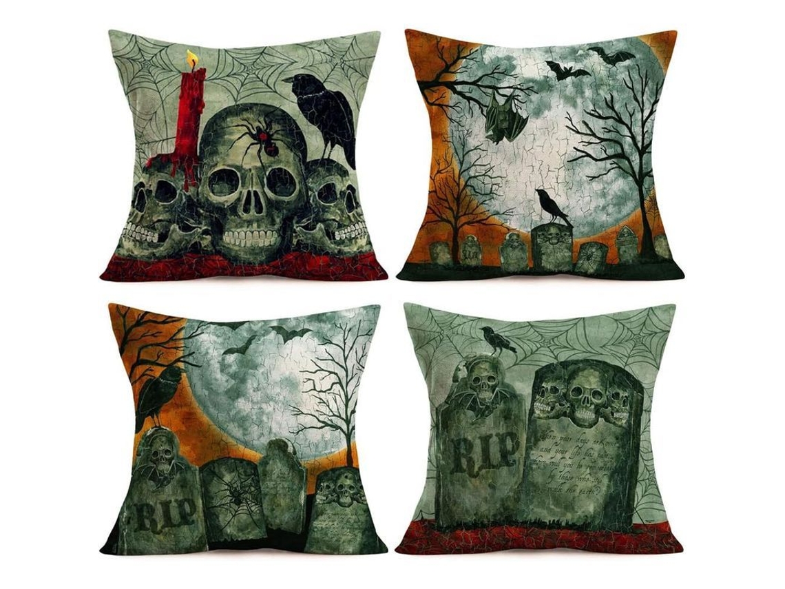 2026 4 Capas de Travesseiro de Halloween Vintage 45x45cm com Design de Caveira e Frases
