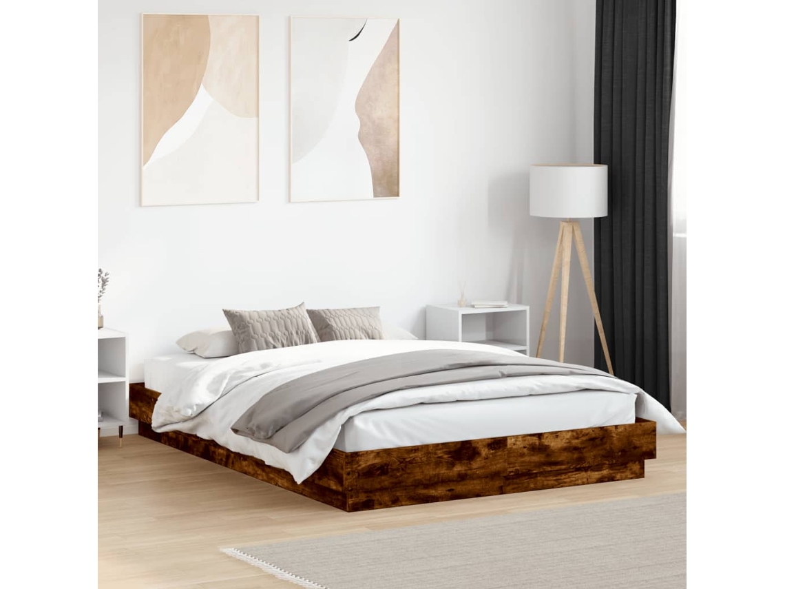 Estrutura De Cama Com Luzes Led 140x200 Cm Carvalho Fumado