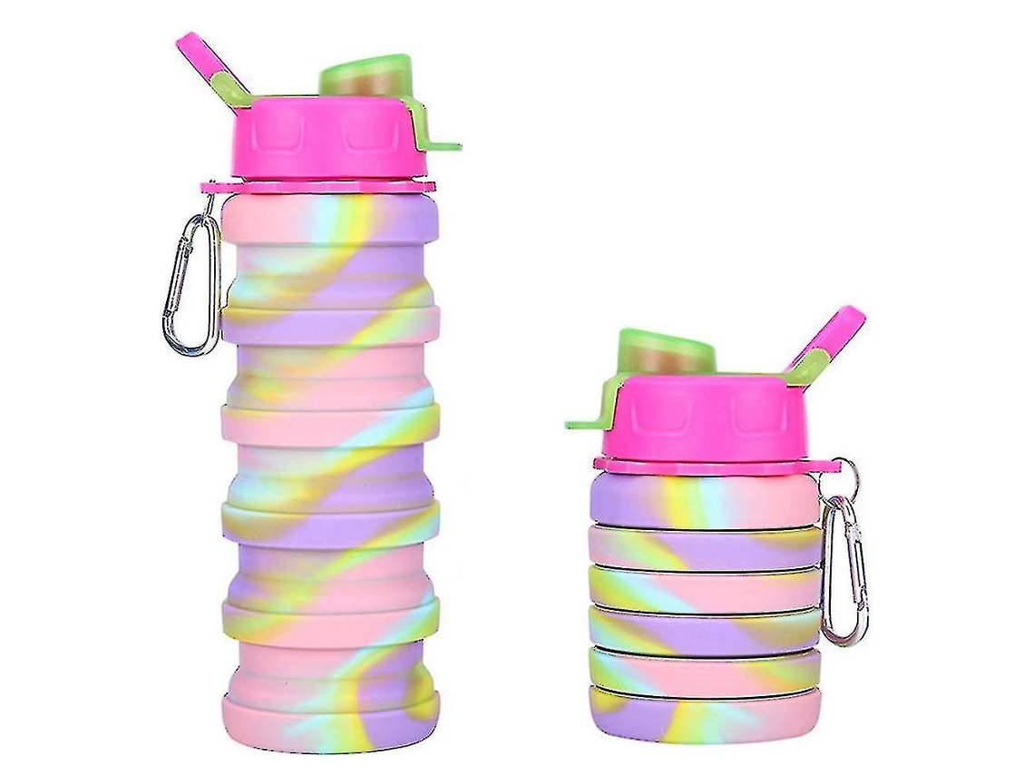 Botella Colapsable Jinyi Arcoíris 500ml para Niñas, Diseño Unicornio, Eco amigable, Ideal para Colegio Y Deportes