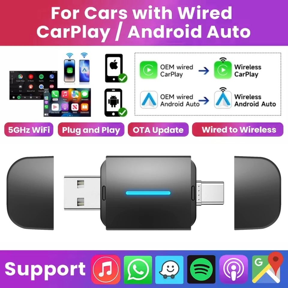 Adaptador 2em1 Cabo-sem Fio Carplay Android Auto 2025, Usb Type-c, Plug And Play, Wifi Bt, Para Rádio Oem
