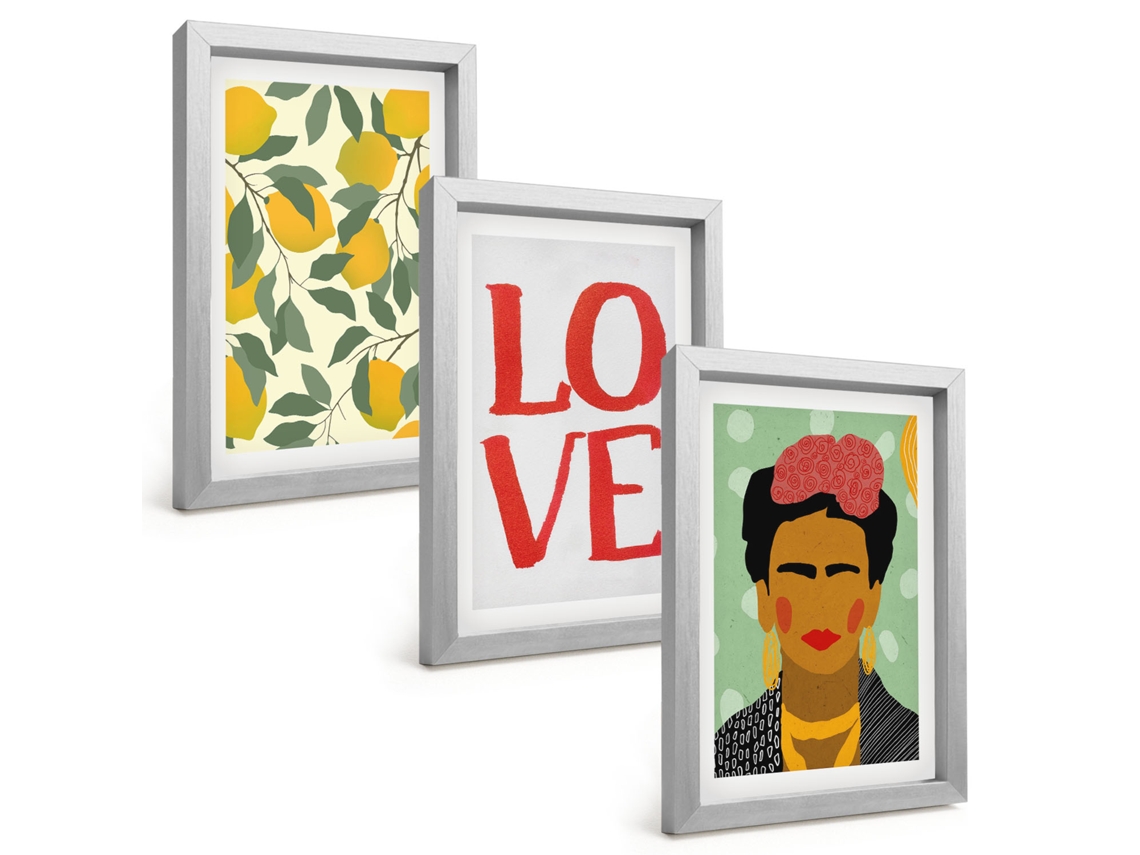 Composição De Quadros Limões, Amor, Retrato De Frida Kahlo Espelharte (3 Peças 20x30 Cm)