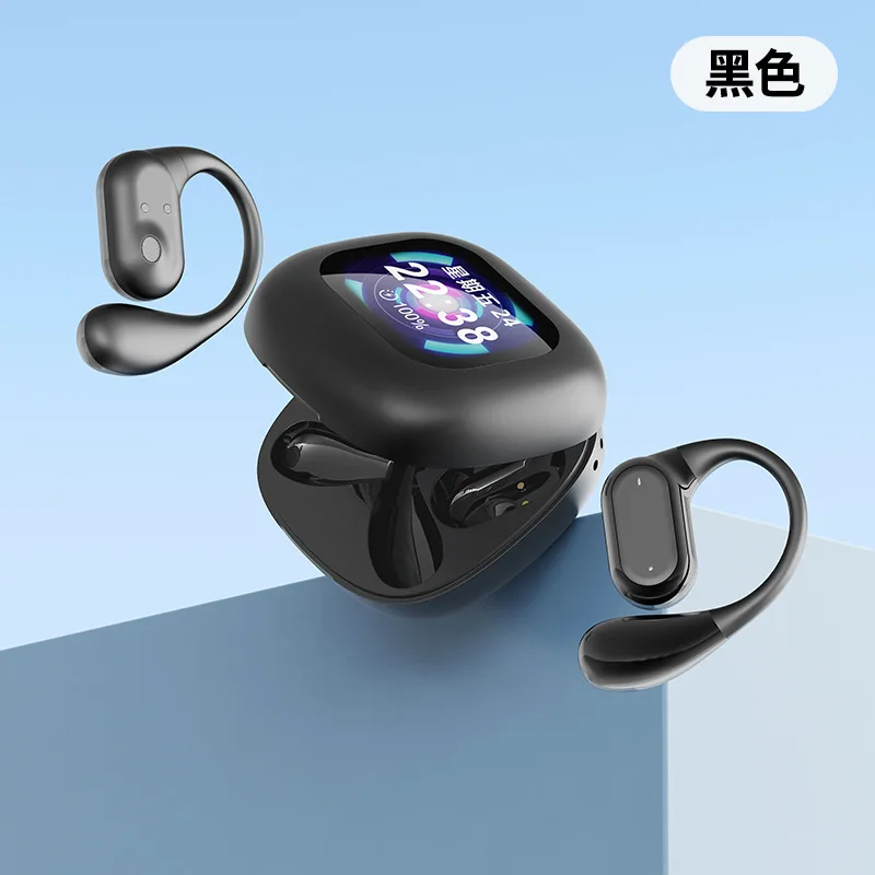 (preto) Fones de ouvido Bluetooth 5.4 com clipe, cancelamento de ruído e tela LCD sensível ao toque em tecido.