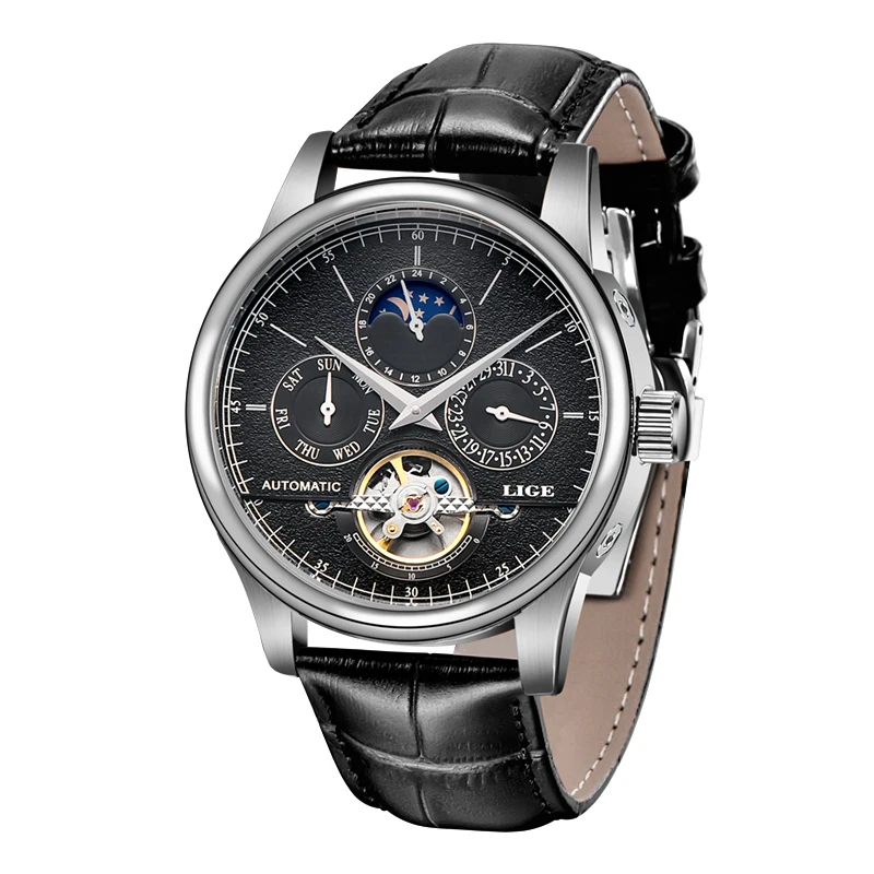 Relógio Tourbillon Mecânico Automático (prateado-preto), Pulseira De Couro Genuíno À Prova D'água