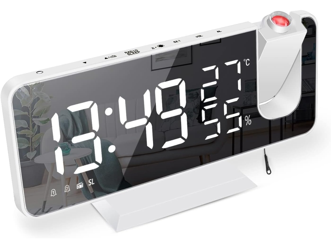 Relógio Despertador com Projetor, Rádio relógio com Temperatura e Umidade, Tela Led Espelhada de 7, 5 Polegadas BRILVIBERA